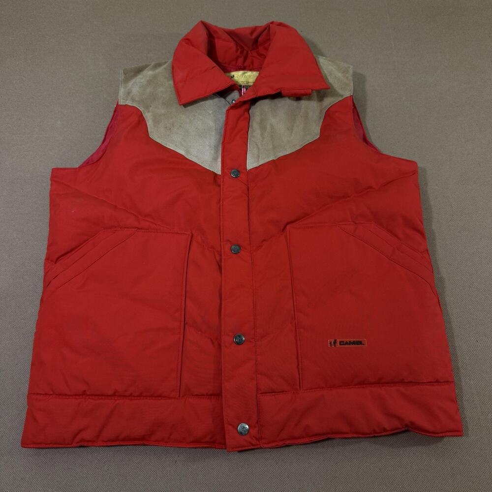 Vintage Camel Vest Mens XL Red Down Puffer Suede Yoke Western Outdoor Korea